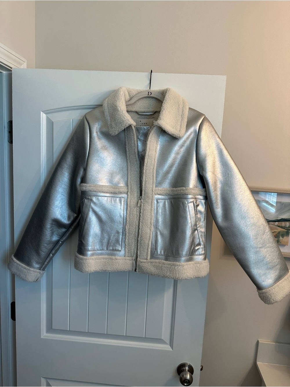 a new day Silver Faux-Shearling Jacket with Cream Trim